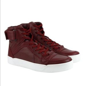 Gucci Men's Burgundy/Red High Top Dark Calfskin Leather Sneakers With Strap